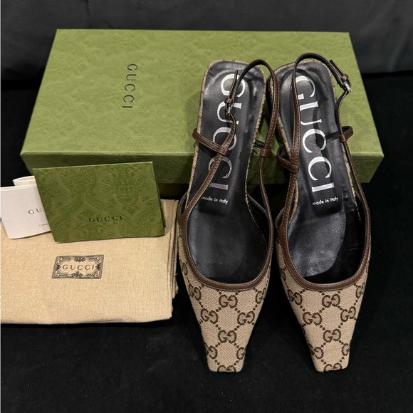GUCCI GG leather-trimmed slingback flats size 37 - Picture 1 of 11